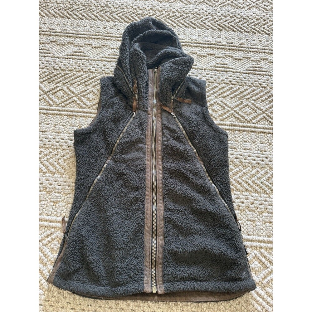 Kuhl Vest Womens Small Brown Flight Deep Pile Sherpa Fleece Hidden Hood Full Zip